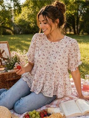 Paper Crane Floral Peplum Blouse Medium Cottagecore Tiered Ruffle Picnic Spring